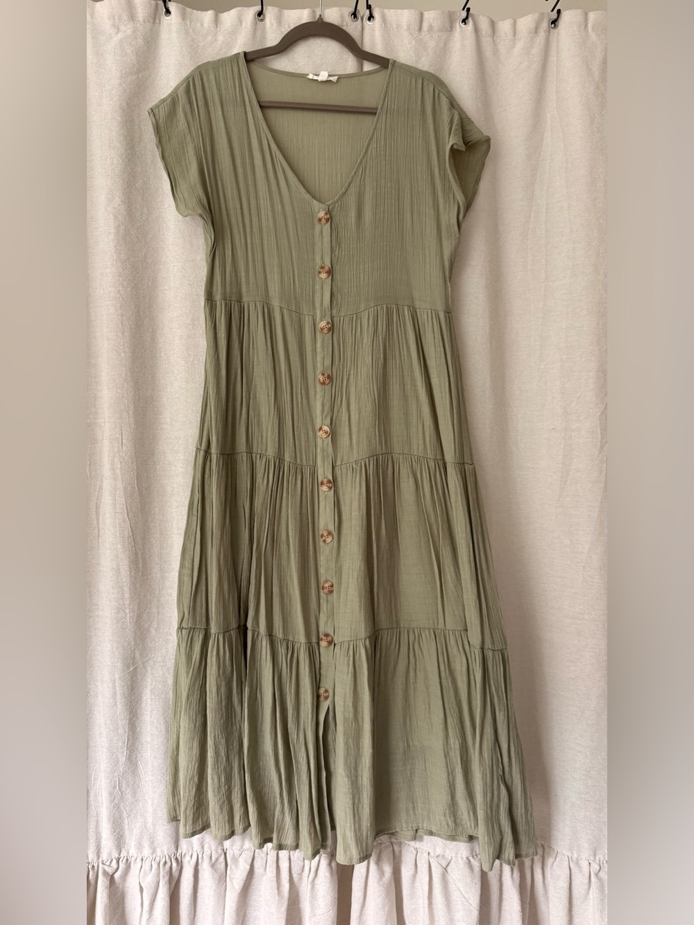 Blu Pepper Sage Green Tiered Button-Front Maxi Dress